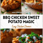 Baked sweet potatoes stuffed with shredded BBQ chicken and fresh herbs served as a Paleo Whole 30 Protein Dinner